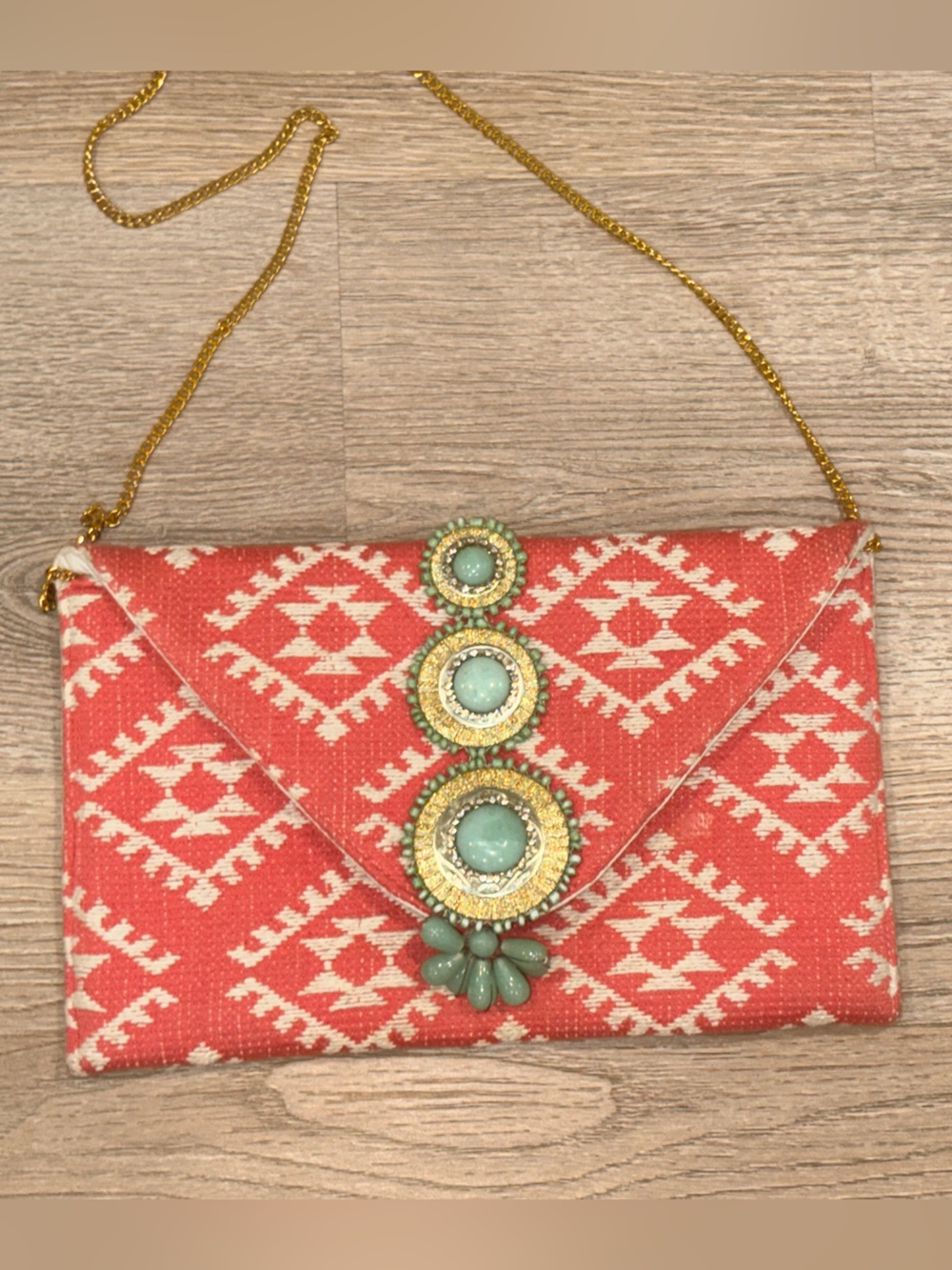 Coral Patterned Envelope Crossbody Clutch with Turquoise Accent